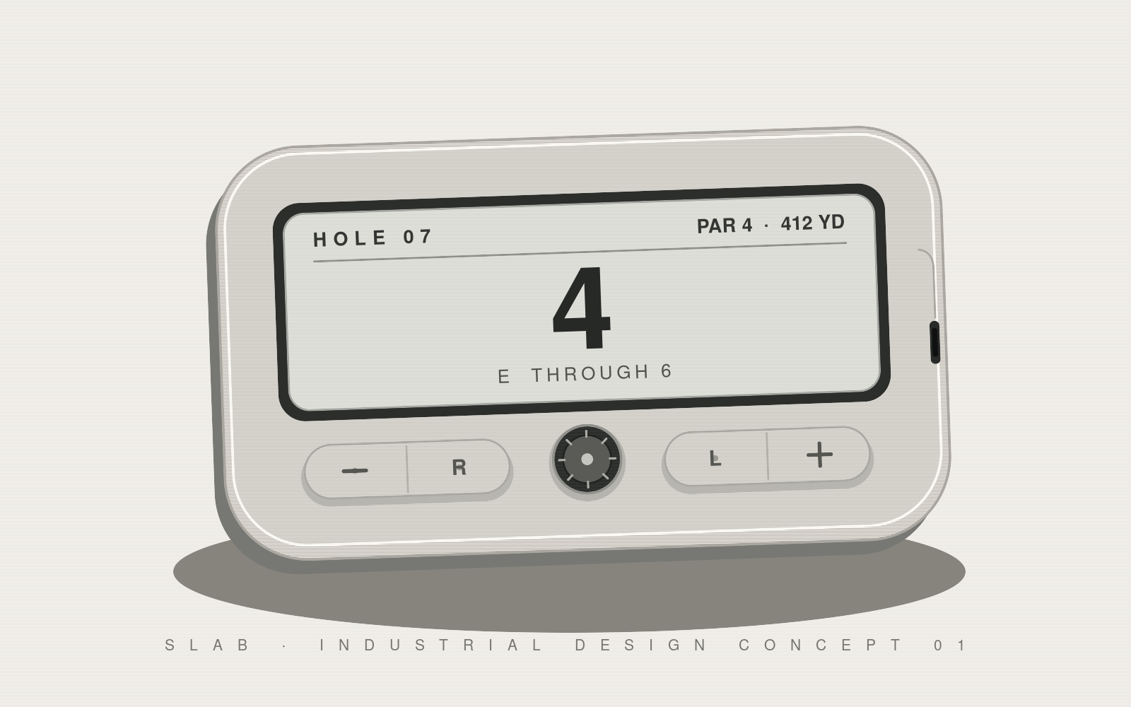 Concept 01 industrial design of Slab: a light matte rounded scoring slab with a glanceable face, two pads, and a center dial.